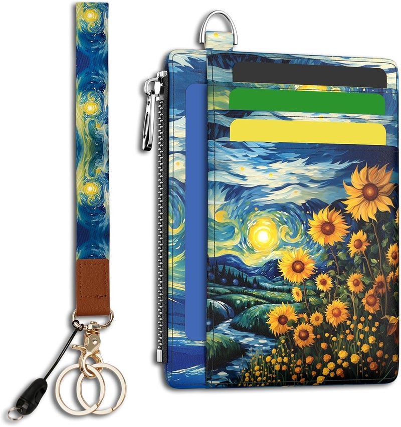 Hancynir Sunflower Slim Wallet Women Credit Card Holder, RFID Blocking Front Pocket Wallet Wristlet Keychain Lanyard, Small Cute Mini Card Case, Thin Travel Zipper Coin PU Leather Ladies Female Gifts - Image 1
